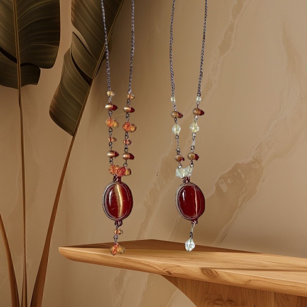 Pair of Brown Tigers Eye Jeweled beaded and silver tone Necklaces.